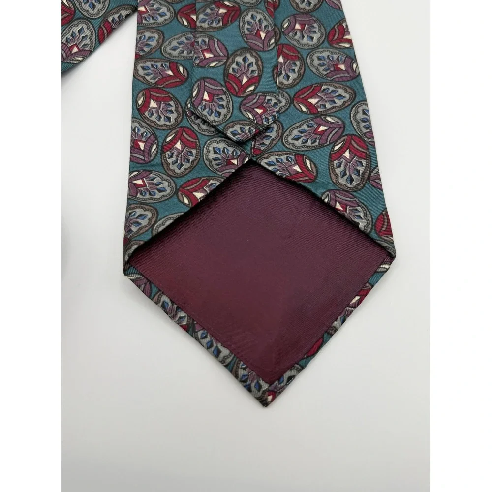 Christian Dior Necktie OS Vintage Silk Medallion Teal Burgundy Designer Retro